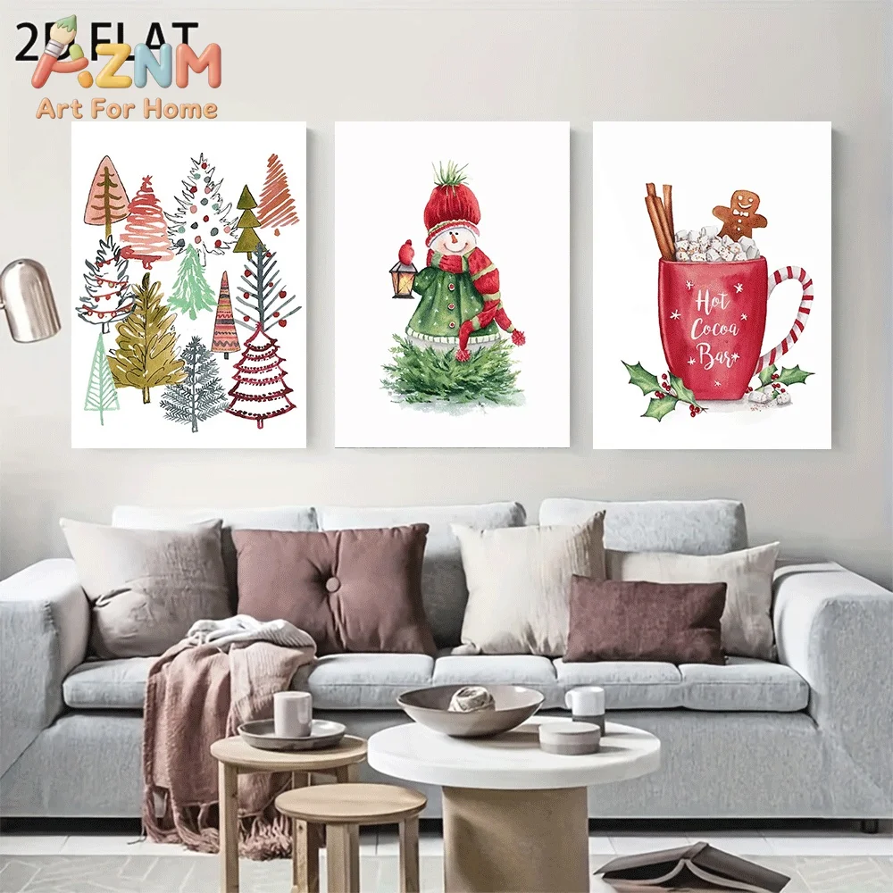 AZNM Watercolor Christmas Tree Snowman Hot Cocoa Bar Canvas Wall Art, Gingerbread Man Cup Winter Holiday Xmas Festive Element Pr