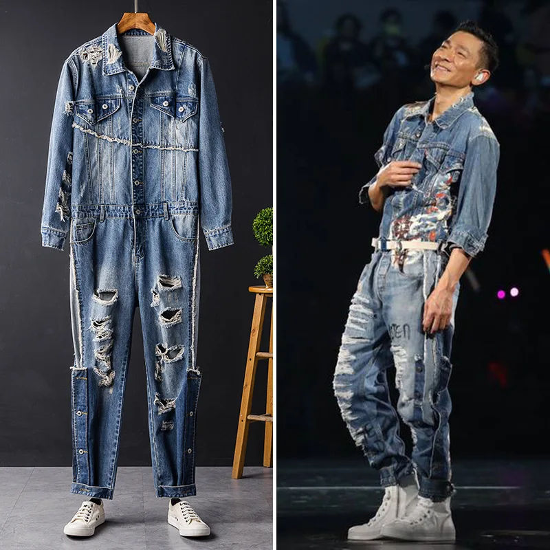 Men Jumpsuit Long-sleeved Suit Denim Tooling Jumpsuit  Men