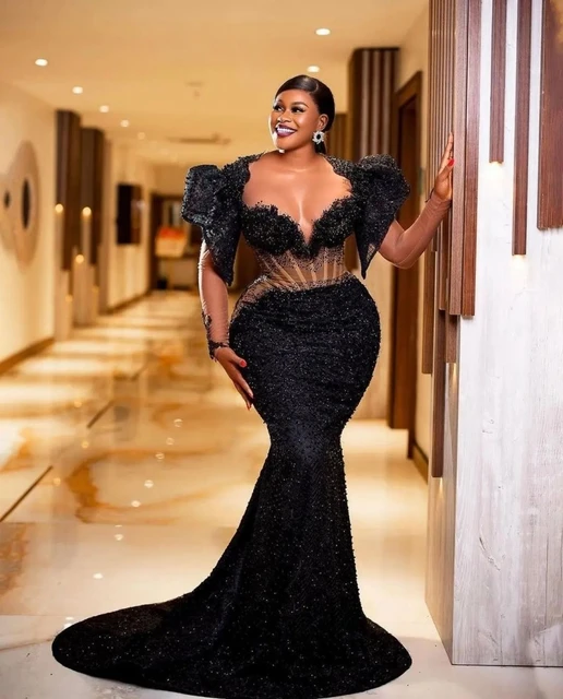 Black Plus Size Evening Dresses For Women Long Sleeves Sequin Beading Mermaid Prom Gowns African Women Wedding Party Dress AliExpress