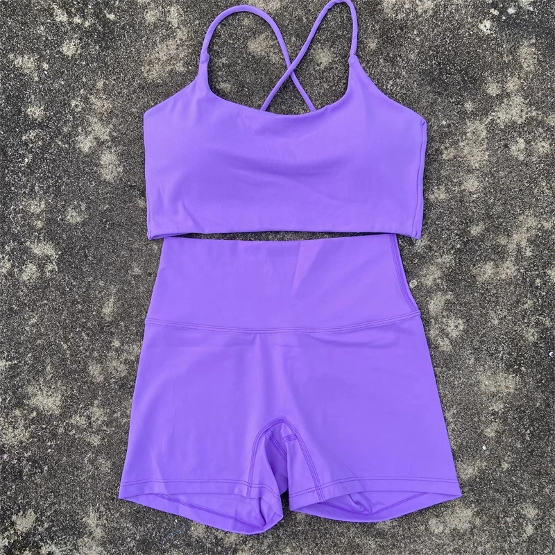 Solid Color gym bike Yoga Set short Legging +cross sport bra Tracksuit  Athletic Women Gym Suit Comprehensive Training Jogging