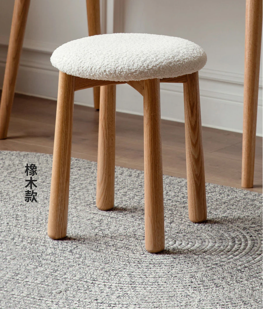 

Creative Bedroom Stool Lambswool Round Stool Home Modern Solid Wood Stool Bedroom Dressing Stools Lazy Nordic Round Stools