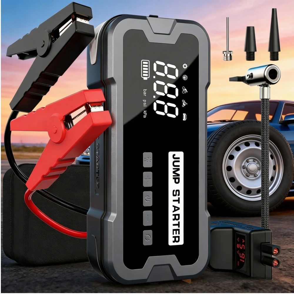 

10000mAh 2000A Peak 4-in-1 Car Jump Starter Air Compressor Power Bank with Emergency Flashlight for Gas Diesel Cars