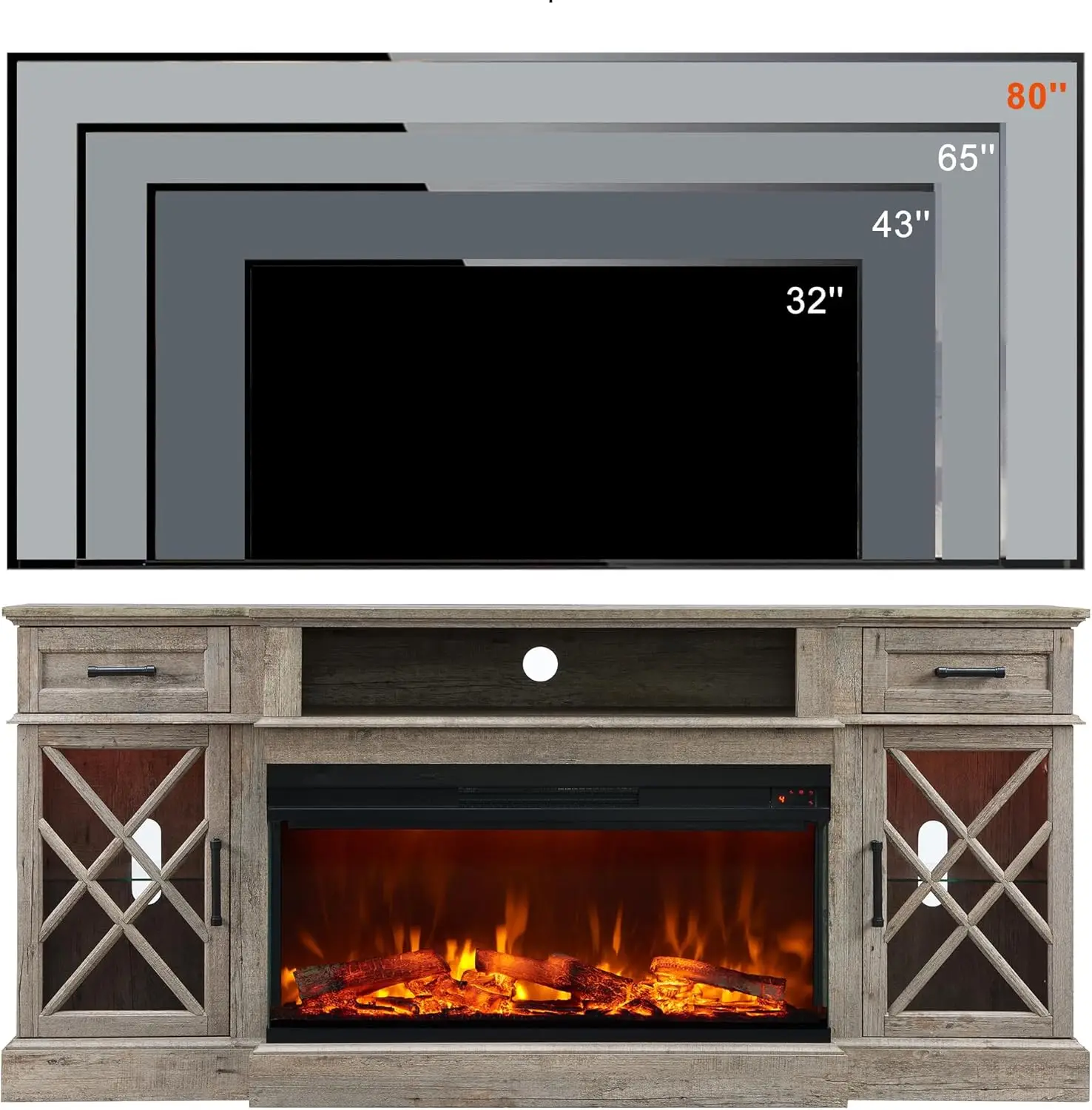 70 Inch Farmhouse Fireplace TV Stand with 36” Electric Fireplace Insert LED Flame Heater Remote Control Storage Cabinet