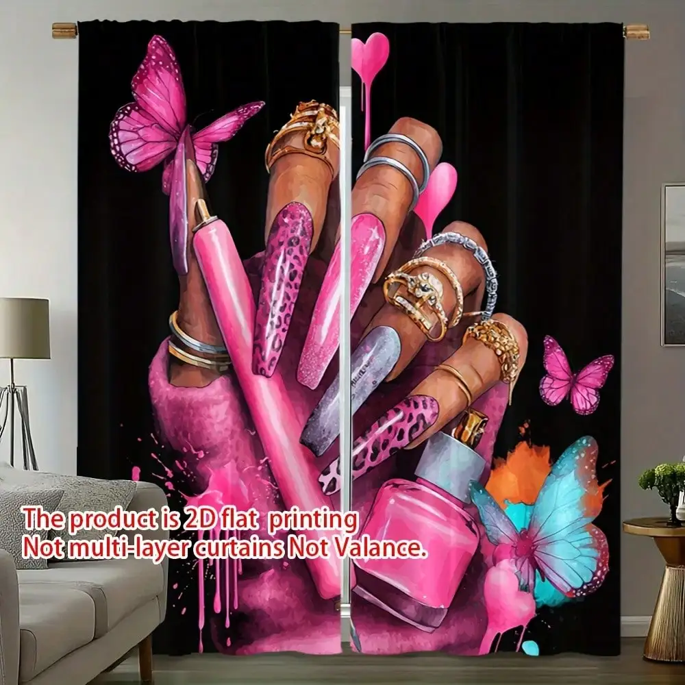 2pcs 2D Flat Printing Pink Nail Art Curtains, For Living Room Bedroom, Machine Washable, All-Season Decorative Arts Theme Window