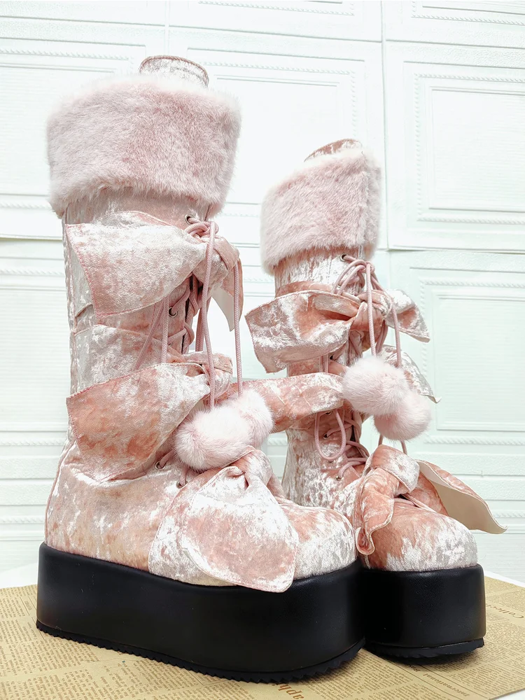 2025 New Product Punk Round Head Bow Hairball Strap Zipper Sponge Cake Tall Boots Japanese Lolita Girls' Boots