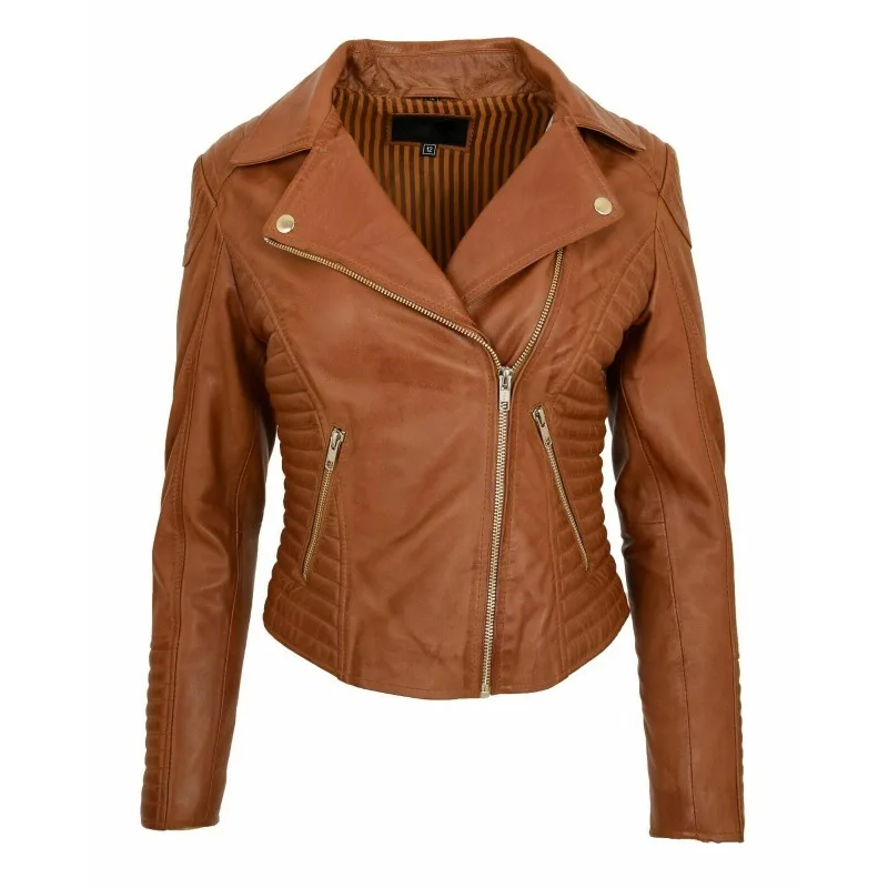 

URBAN Women's Sheepskin Leather Jacket Brown Designer Slim Fit Biker Zipper Coat