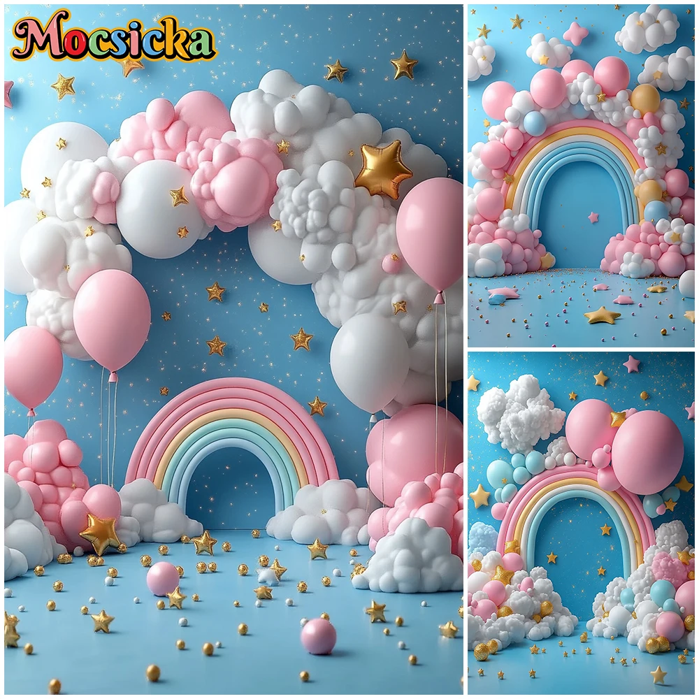 

Фон для фотосъемки Mocsicka Rainbow, фон для фотосессии на день рождения или детский праздник, с узором из воздушных шаров и облаков, декор для фотозоны