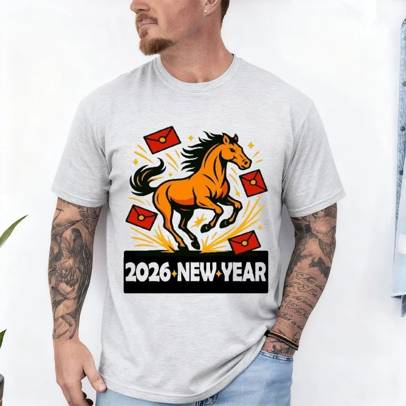 2026 New Year Horse Youth T-Shirt Crew Neck Short Sleeve Cotton Top All Seasons Casual Funny Outdoors Fashion Comfortable Tees