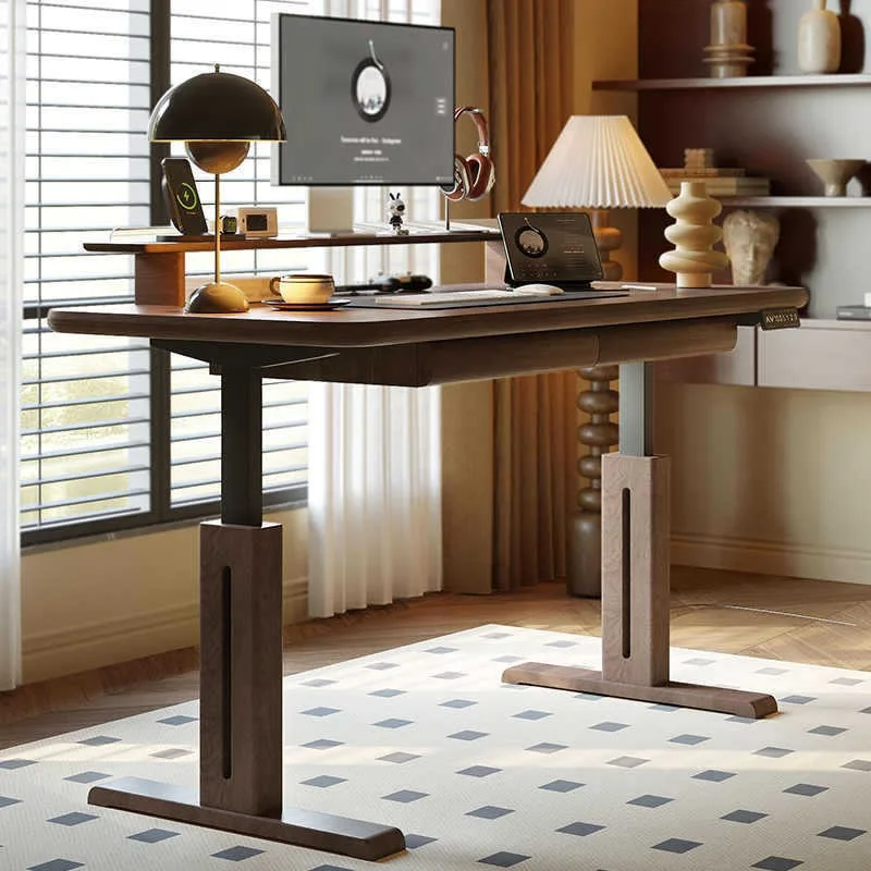 Intelligent electric lifting table black walnut solid wood desk medium and ancient computer desk