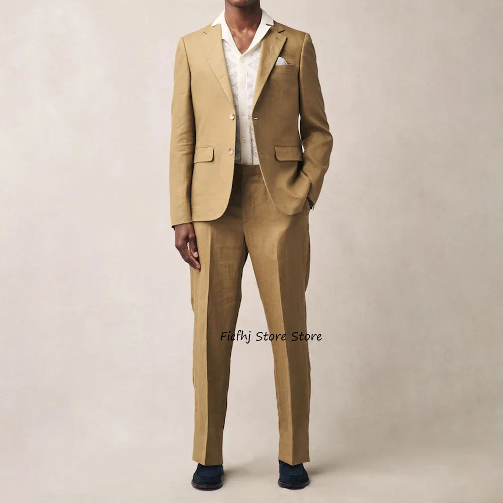 

Модные деловые повседневные костюмы с отложным воротником, трендовые комплекты, мужские костюмы, комплекты из двух предметов, льняная ткань
