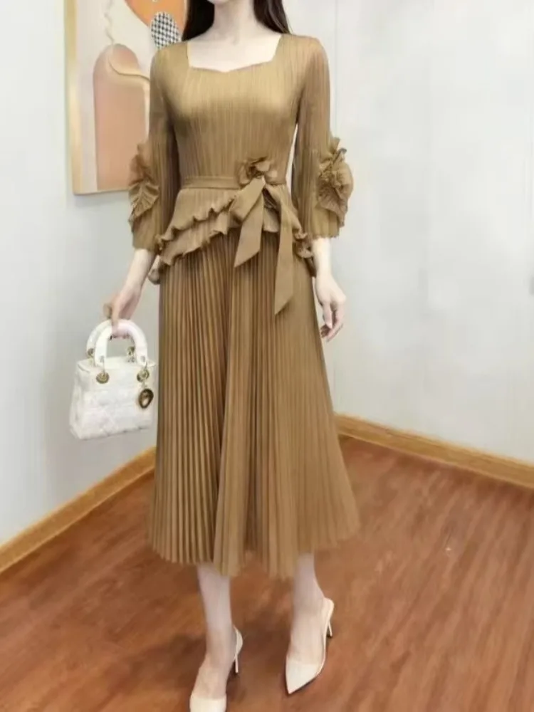 

Костюм Мияке 2025 года, плиссированная большая распашная юбка, новый тонкий индивидуальный плиссированный женский костюм из двух предметов с v-образным вырезом