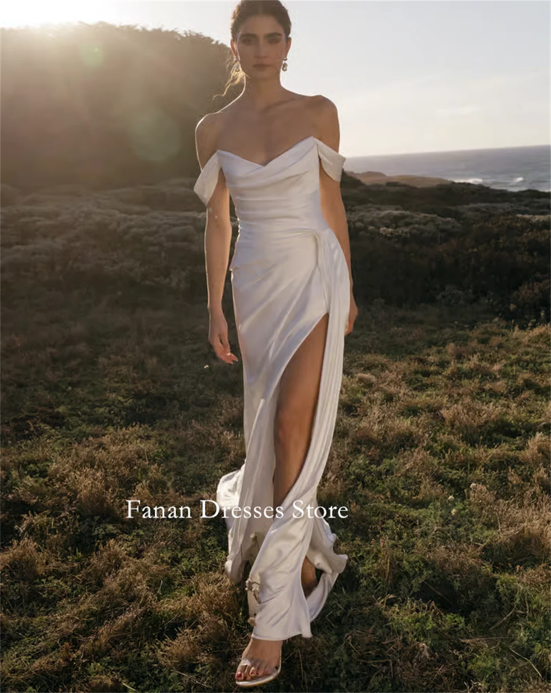 

FANAN Off the Shoulder Ruched Elegant Bride Dresses Sheath Side Slit Short Sleeves Silk Satin Wedding Dresses 웨딩드레스 Ivory C