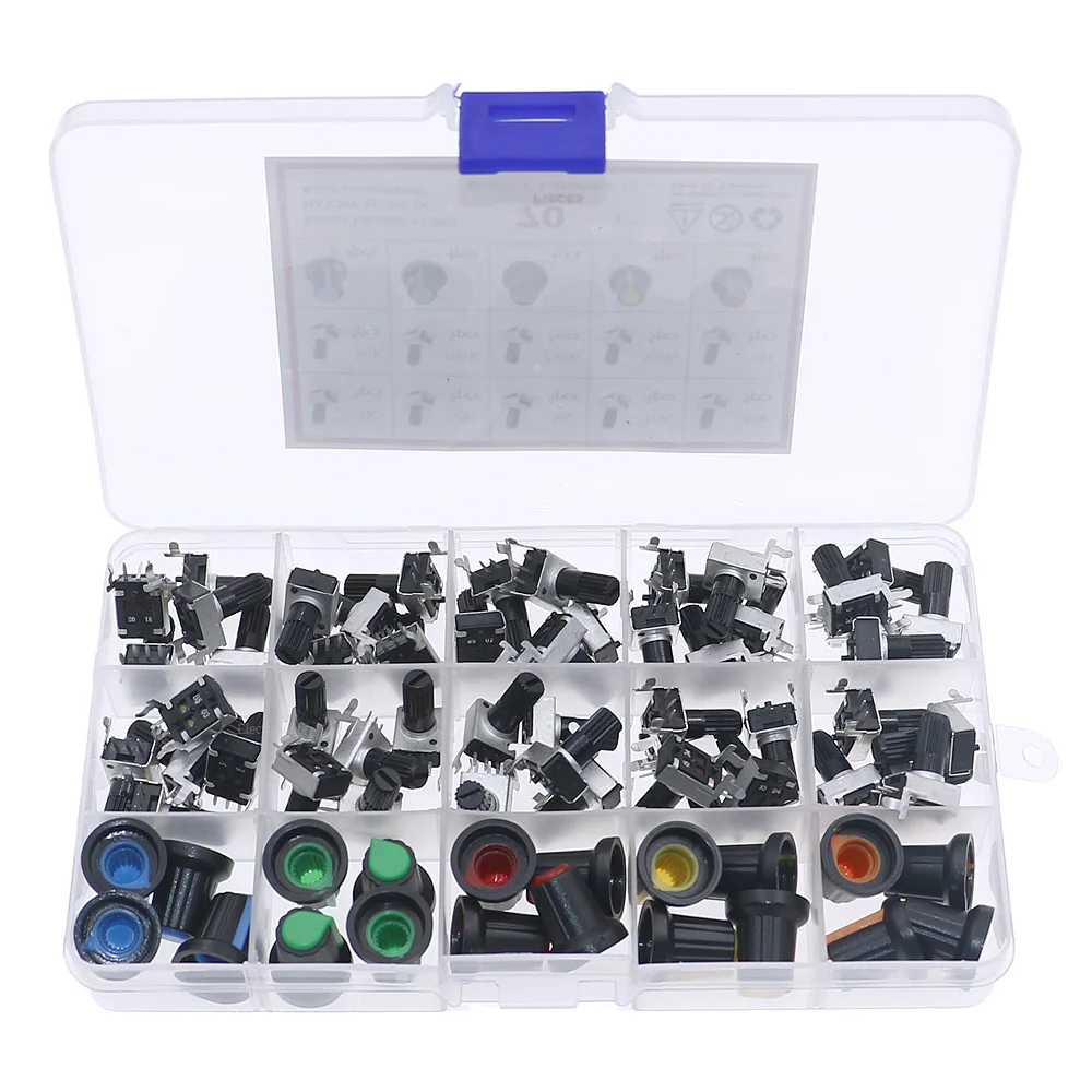 70Pcs 10Value 3Pin RV09 Type Horizontal Potentiometer Kit 1K 2K 5K 10K 20K 50K 100K 200K 500K 1M with Knobs