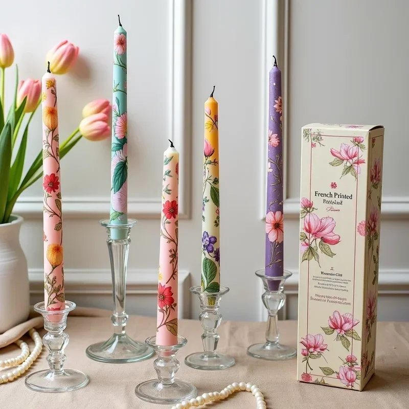 7.5'' Long Wedding Candles French Hand-Printed Pole Candle Long Taper Dinner Candles for Minimalist Home Decorative Candles