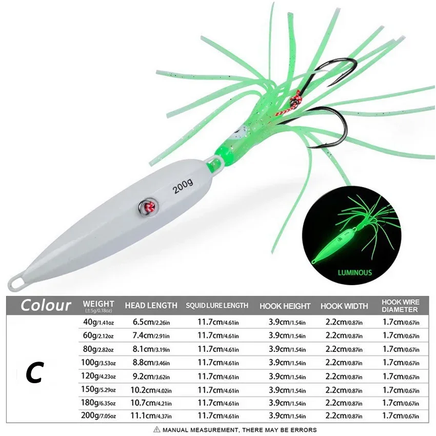 1PC Slow Pitch Jigging Köder Dual Haken Glow-in-the-Dark Slow Jig Angeln Köder 60g-180g 200g Für Offshore Salzwasser Boot Angeln
