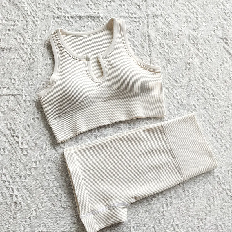 Yoga Clothes European and American Hot Chest-Breaking Sports Bra Set Solid Color U-Neck Vest Sports Shorts Suit for Women