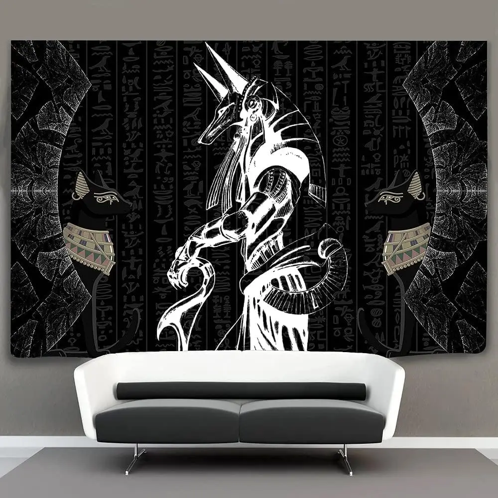 Egyptian Style Tapestry Egypt Anubis Pharaoh's Pet Cat Bastet Egyptian Tapestries Black and White Wall Decor for Home Living