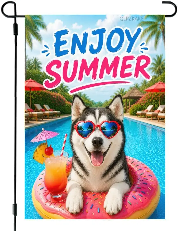 Hello Summer Husky Garden Flag 28X40 Inch Print Double Sided Cute Puppy Decorative Yard Flag Outside Seasonal Holiday Outdoo kkz