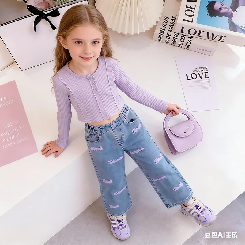 

2026 Spring Autumn Fashion Girls Clothing Set Short Solid Color Top + Letter Print Wide Leg Jeans 2Pcs For Kids Fashion Outfit