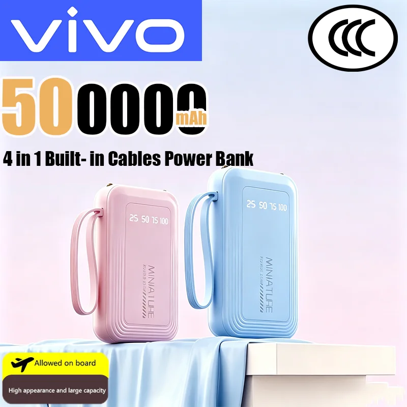 VIVO 500000mAh Mini Power Bank Super Fast Charging Built in 4 Cables Digital Display Powerbank for iPhone Samsung Huawei