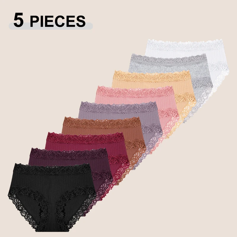 

5 шт. бесшовных хлопковых трусиков для женщин, с цветочным кружевом, эластичные, с высокой талией, сексуальное женское белье, размеры S-XXL