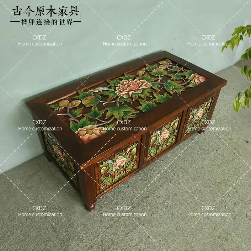Solid Wood Hand Carved Painted Coffee Table Log Style Chinese Hand Painted Center Table for Living Room Home Furniture
