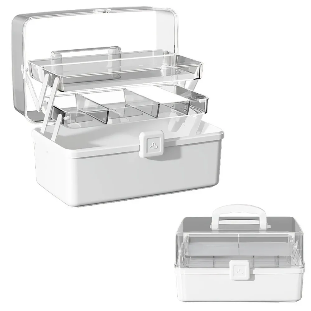 Large Capacity 3-Layer Storage Box with Handle, Cantilever Portable Tackle Box And Craft Case Organizer, Foldable Plastic Medicine Box for Sewing Supplies, Makeup, Nail, Hair Additions (White)