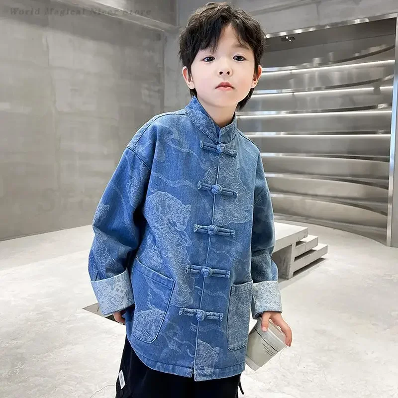 Китайский костюм Тан для мальчиков, детское пальто ханьфу, традиционная новая куртка в китайском стиле, топ Ципао на пуговицах, рубашка для взрослых, одежда Kong Fu