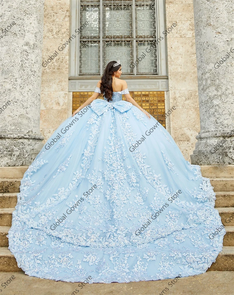 Vestido de baile de quinceañera para niña, traje azul cielo con hombros descubiertos, apliques para fiesta de celebridades, graduación con lazo