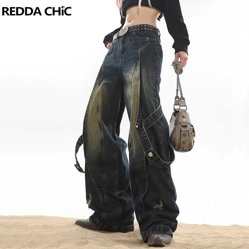 

ReddaChic Belt Deconstructed Torn Baggy Jeans Women Retro Patchwork Raw Edge Low Rise Casual Wide Pants Boyfriend Y2k Streetwear