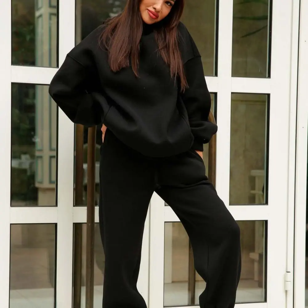 Casual Long Sleeve Jogging Pants Outfits Big Hat 2Piece Sets Velvet Running Sets Thicked Solid Tracksuit Women Y2K Daily Outfit