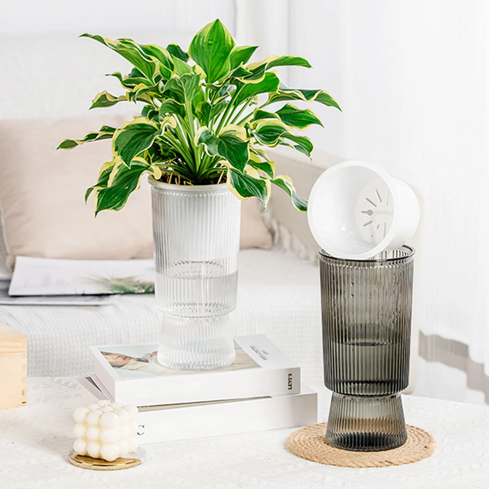 Double-layer Flowerpot Clear Imitation Glass Hydroponic Flower Pot Lazy Self-absorbtion Water Vase for Home Table Decoration