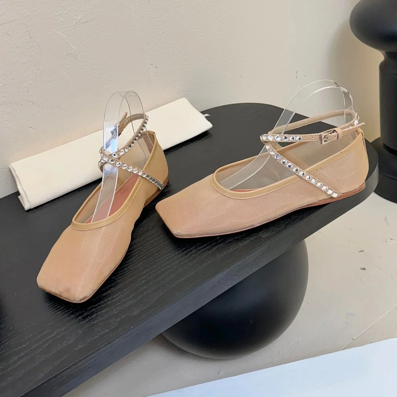 2025 FANGXITING جديد وصول اليدوية شبكة ساحة تو كعب مسطح الكاحل حزام صناديل للنساء بلينغ بلينغ الماس الشقق مأدبة ماري #6