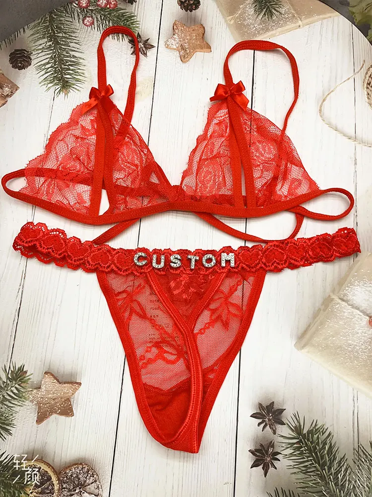 Benutzer definierte Dessous-Sets mit Namen Tangas Bikinis Frauen BHs setzt G-String mit Buchstaben Valentinstag Geschenk personal isierte Unterwäsche