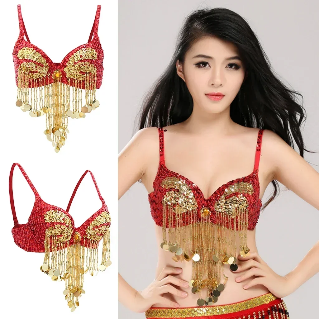 Damski błyszczący top z cekinami i frędzlami Raves Belly Dance Club Wear