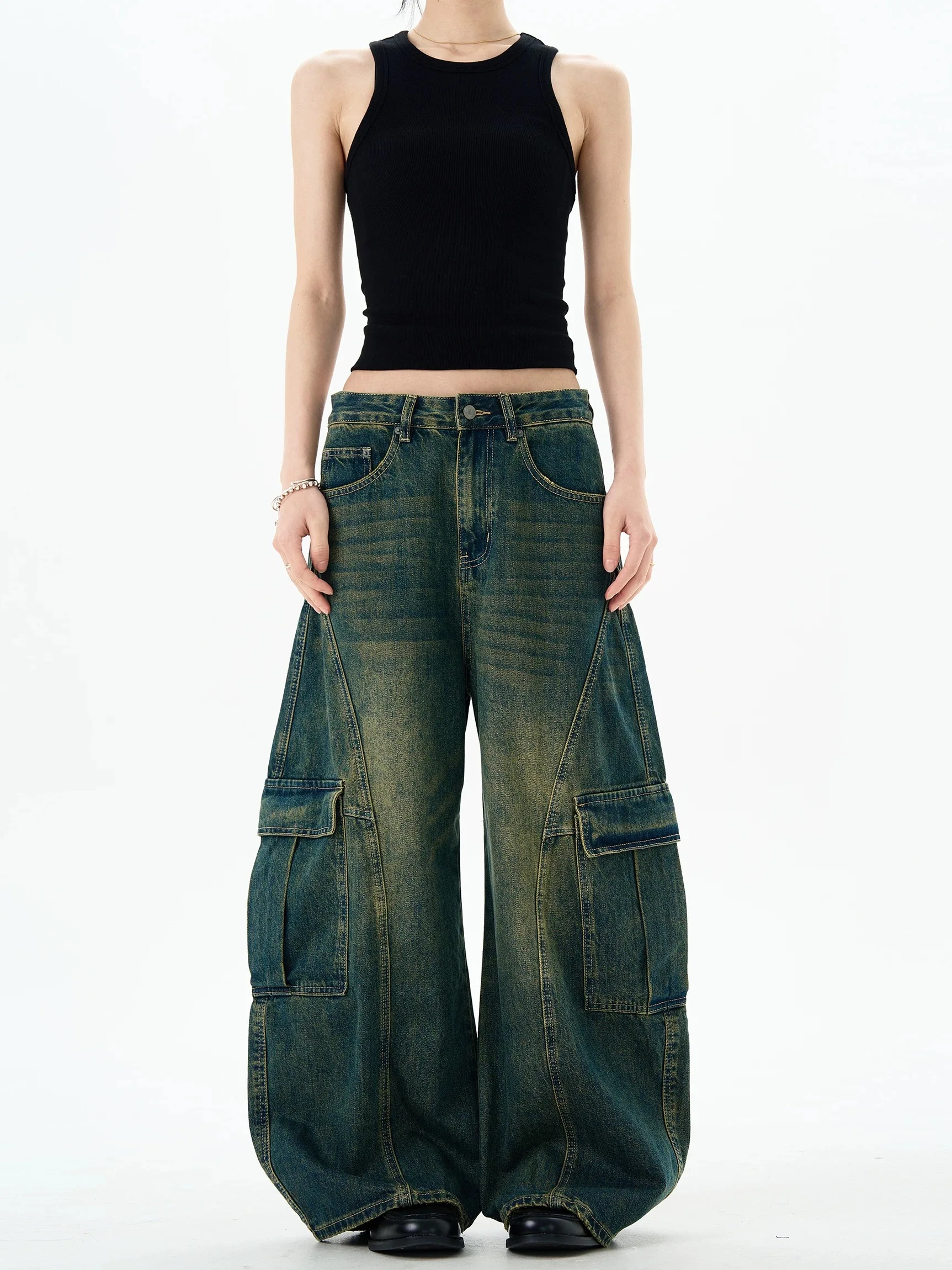Retro American Multi-Pocket Wide Leg Jeans Loose Casual Workwear Trousers for Men And Women Youthful Trendy Loose Fit Jeans