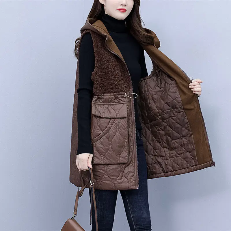 Large Size Vest Cotton Jacket 2022 Winter Women\'s Lamb Wool Splicing Fashion Warm Quilted Coat Hooded Sleeveless Waistcoat T860