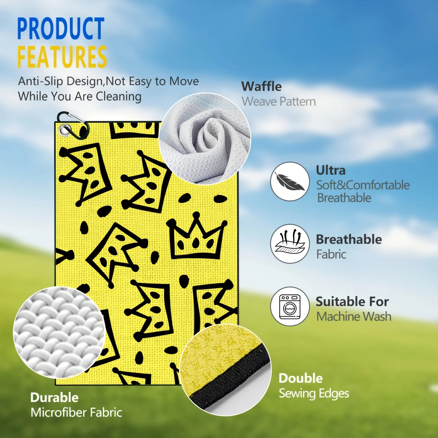 1 Golf Towel with a Cheese Crown Design Style, Made of Microfiber Polyester, with a Waffle Texture, Soft Material, with a Buckle image 5
