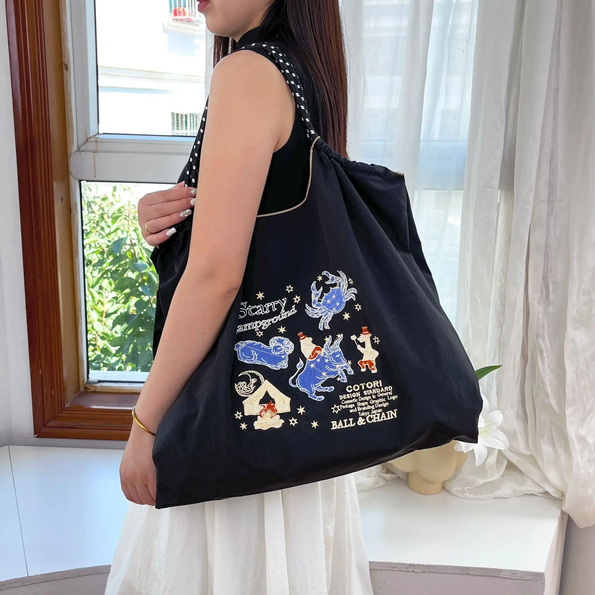 Kawaii Ball Chain Eco-Friendly Bag Embroidered Nylon Anime Cute Black Constellation Large Capacity Shopping Bag Women Handbag