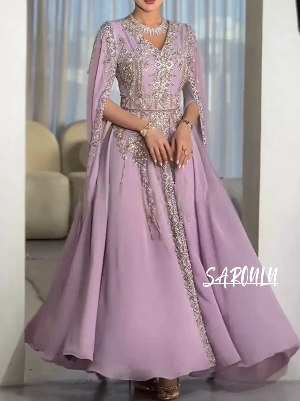 Kaftan V-neck Women Haute Couture Evening Dress Party Birthday Customized Prom Dresses Elegant Cap Sleeve Gown Vestido De Gala