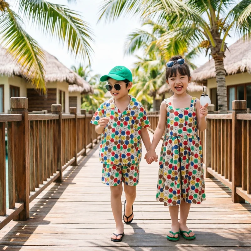 Vacation Sibling Matching Outfits Summer Kids Floral Print 2PCS Set Boy Short Sleeve Shirt + Shorts Girl Cami Dress Casual Loose