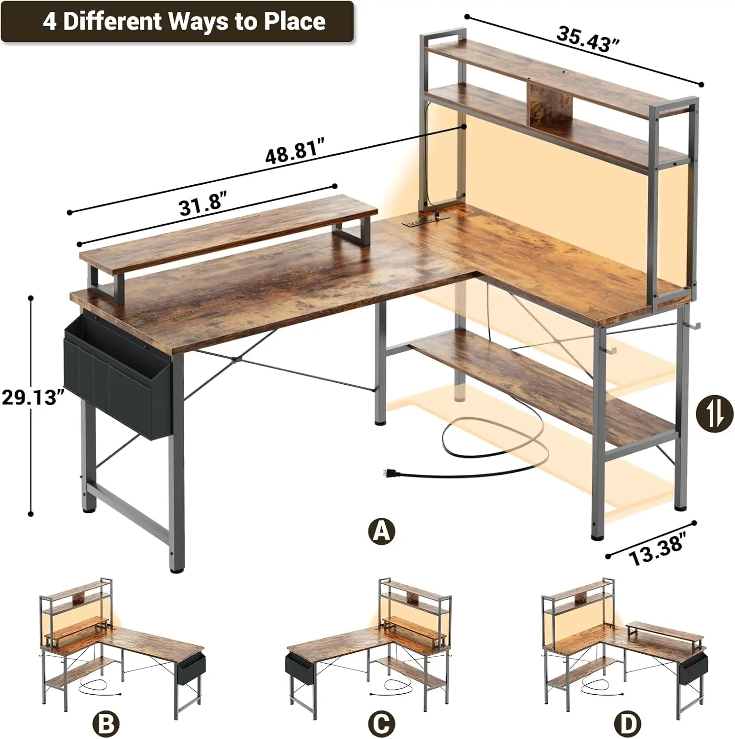 L Shaped Gaming Desk with Power Outlets & LED Lights, Small L-Shaped Desk Computer Corner Desk with Monitor Stand & Storage Shel