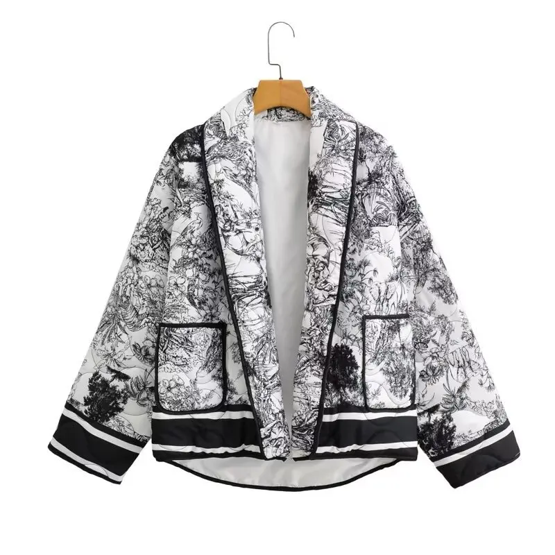 New Printed Double Pocket Cotton Jacket for Women's Fashionable Cotton Jacket