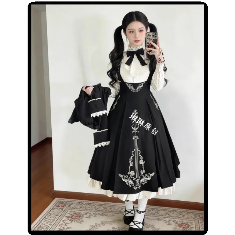 Dark Goth Subculture Y2k Lolita Embroidery Pleated Waist Strap Dress Court Vintage Lace Shirt Top Cosplay Black Dress Sets Women