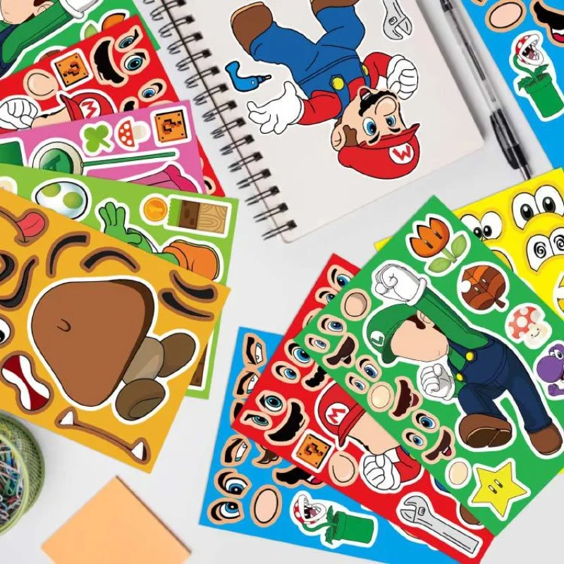 

Anime Marios Bros Stickers Luigi Toad Yoshi Peach Parent-child Interactive Puzzle Ledger DIY Face Sticker Kids Toys