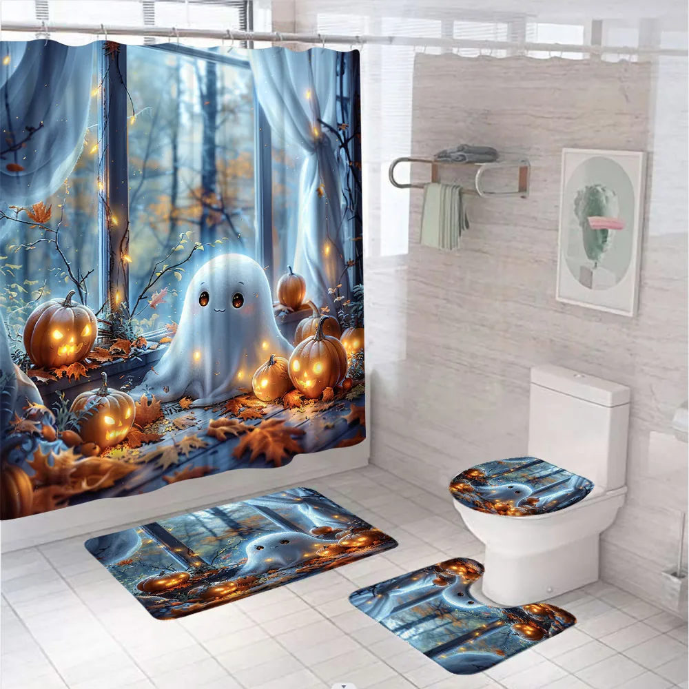 4Pcs Funny Skull Skeleton Dance Shower Curtain Set Pumpkin Graveyard Bath Screen Bathroom Mats Doormat Rug Carpet Toilet Cover