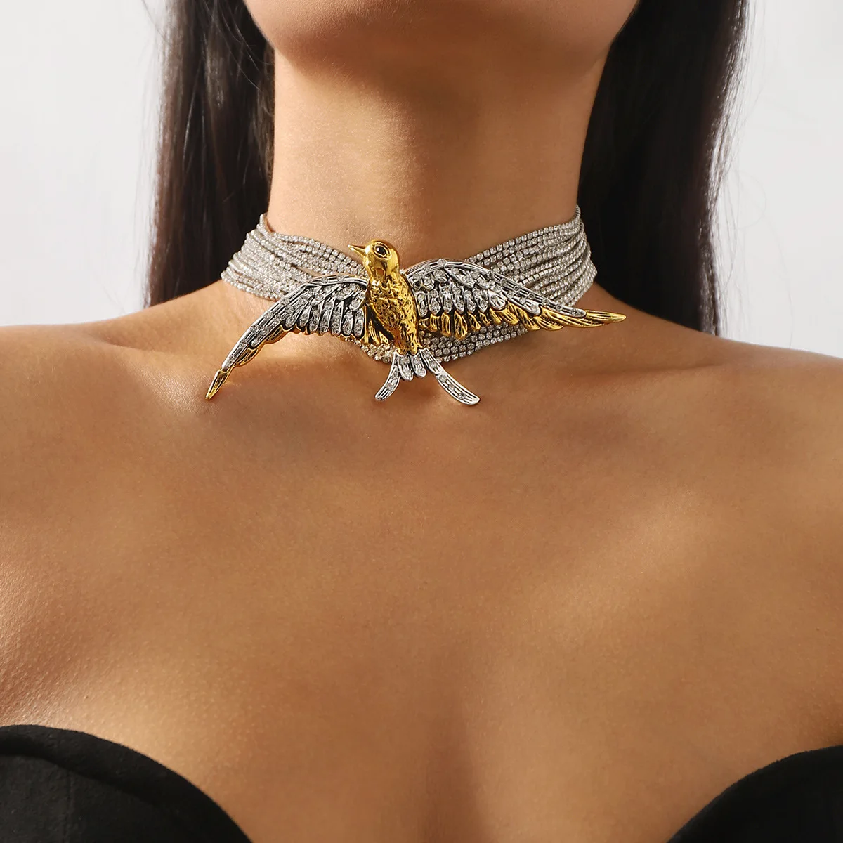 

Exaggerated Bird Swallow Multi-layered Wearing Full of Diamond Necklace Retro Temperament Sister Choker Girl Jewelry for Women