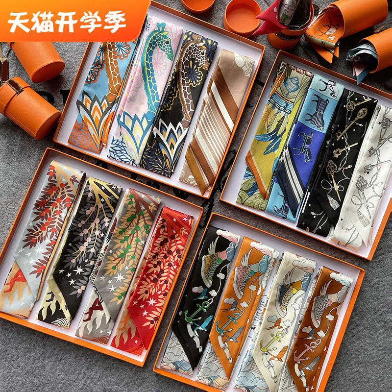 Luxury 100% Mulberry Silk Scarf 5*86cm Scarf Female Multifunctional Headband New Small Scarf Handbag Ribbon High-end Souvenir