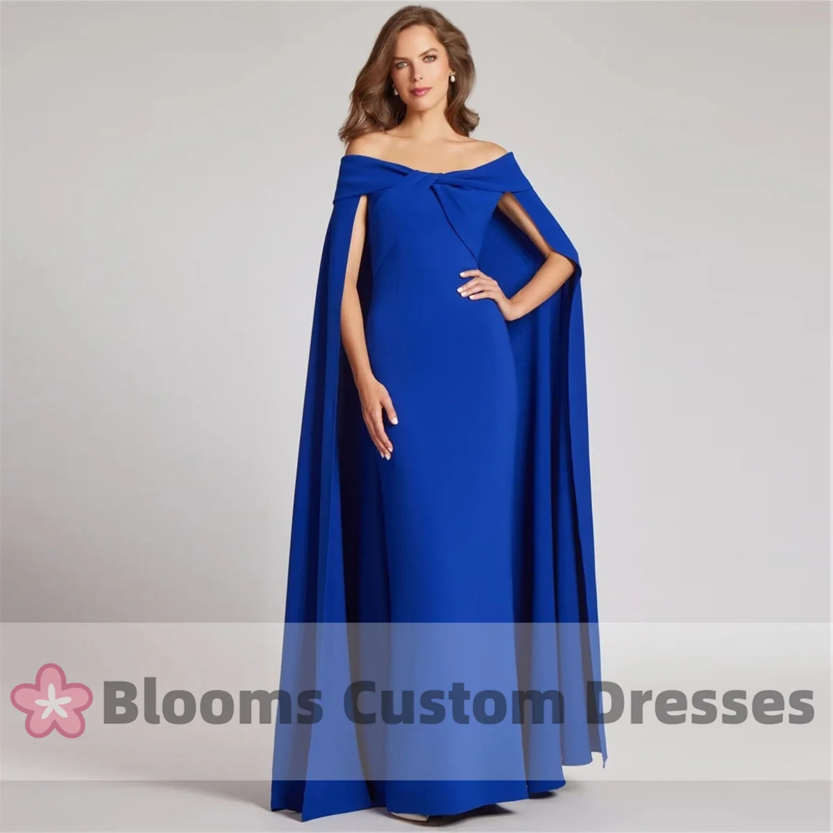 

Blooms Off Shoulder Blue Prom Dress Cloak Pleat Slim Fit Evening Dress Elegant Party Gown Mother Of The Bride Dress