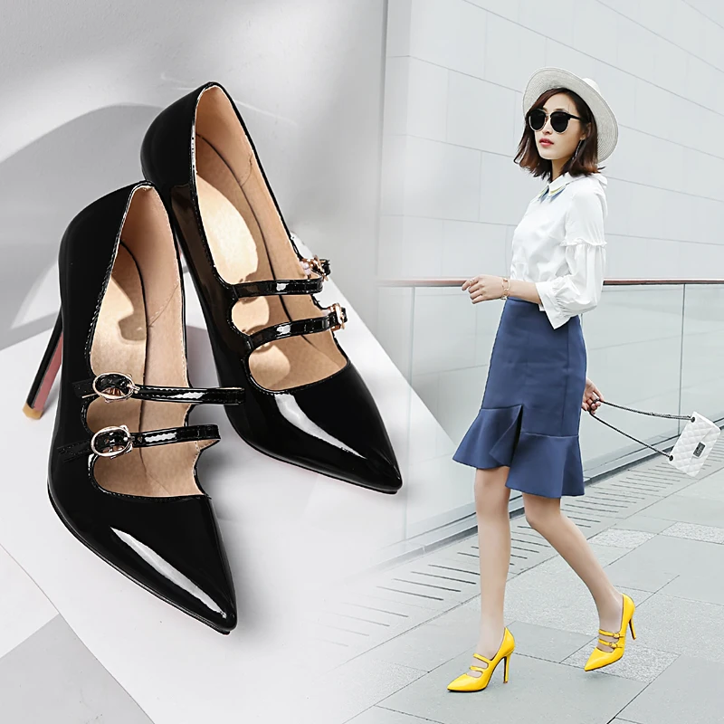 Fashion Women Pumps Pink Patent Leather High Thin Heels Party Wedding Office Double Strap Lady Pointed Toe Stilettos Mary Janes